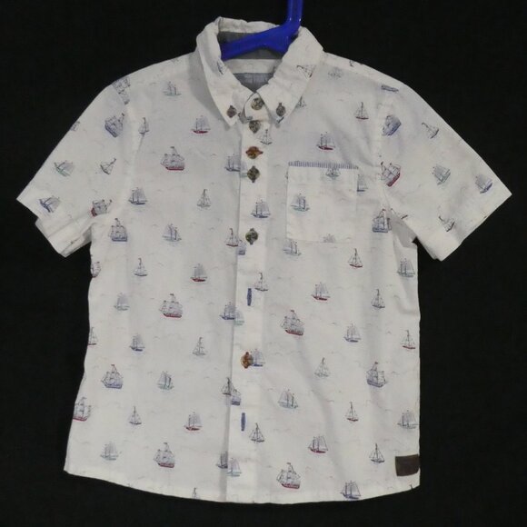 MONSOON | 5-6 years | Button-Up Short Sleeve Sailboat Shirt | Chest Pocket - Picture 1 of 12